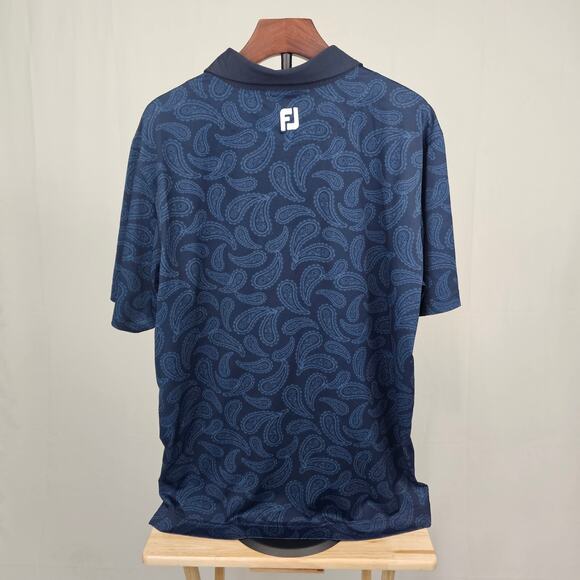 FootJoy Men’s Golf Polo Shirt Size Large Navy Blue Paisley Performance Stretch - Picture 2 of 4